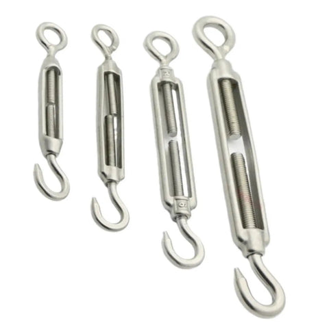 Premium 304 Stainless Steel Turnbuckle Wire Rope Tensioner With Eye Screw Hook Rigging Hardware Works Like A Charm For Clothesline Projects And Provides Rock Solid Adjustment In M4 M5 M6 M8 sizes displayed.