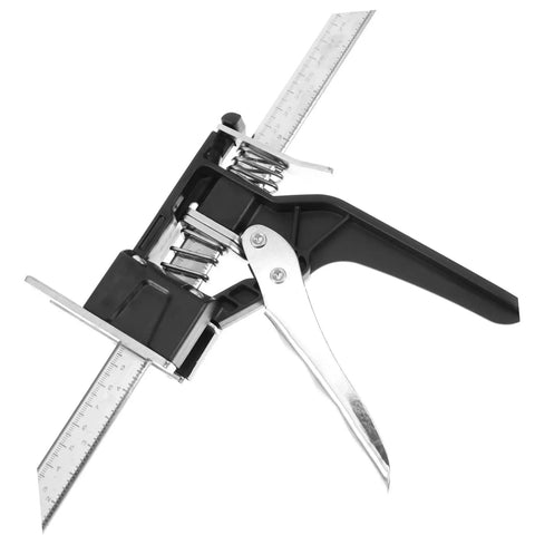 Heavy Duty Hand Lifting Tool Jack 2 Piece Set Multi Function Tile Installer For Precise Wall Placement Rock Solid Metal Build close-up of lifting tool with ruler and spring mechanism.