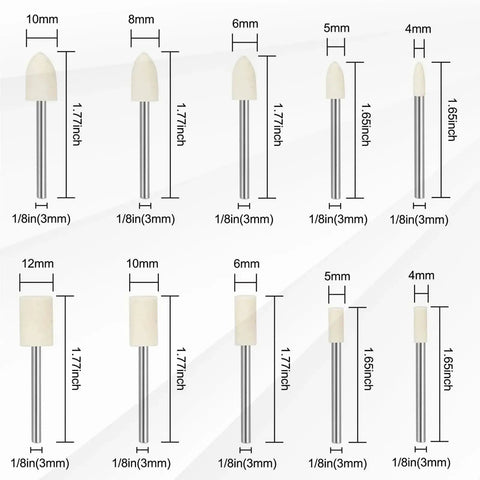 Diagram of Go To Mini Drill Abrasive Buffing Kit with Nylon Fiber Polishing Wheels and 1/8 inch shank sizes from 4mm to 12mm