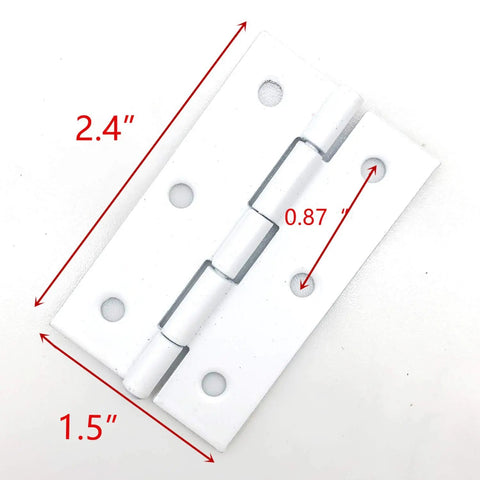 Top Tier White Butt Hinges For Cabinets And Closets 2.4 X 1.5 Inches With Screws, showing dimensions and pivot detail.