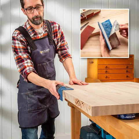 Person using PSA Sanding Block With 90 Degree Edge For Woodworking And Auto Body Finishing Hand Sander on wooden surface.