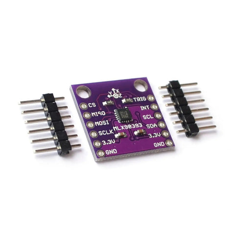 MLX90393 Digital Hall Effect Sensor Module With Pro Grade Positioning And I2C SPI Interfaces For Real Time Motion Control In Battery Powered Devices Industrial Equipment And Smart Consumer Gadgets, purple PCB with pin headers