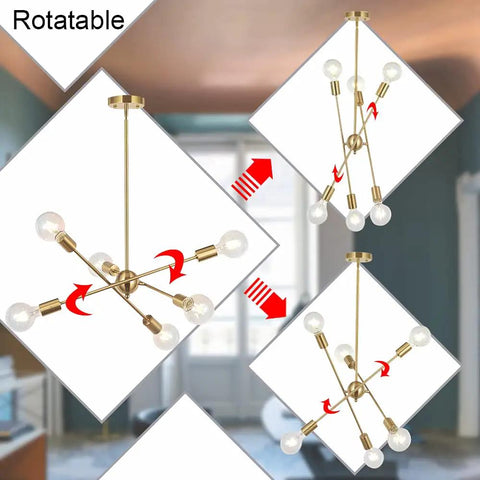 Modern Sputnik Chandelier With 6 Lights In Brushed Brass, adjustable arms, rotatable design, in living room setting