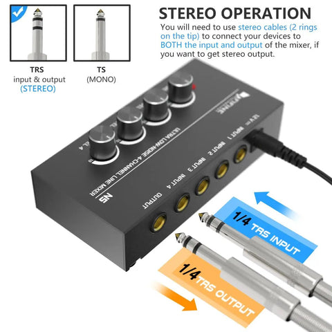 Four Channel Line Mixer For Sub Mixing With Ultra Low Noise, Mini 4 Channel Audio Mixer With AC Adapter showing inputs and TRS cables.