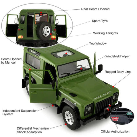 Land Rover Defender RC Car One Fourteenth Scale Remote Control Toy Model With Manual Door Open Green Off Road Ready