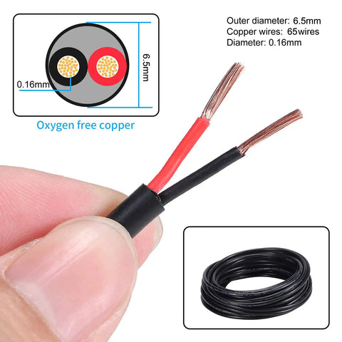 Close-up of 16 Gauge 2 Conductor Electrical Wire 16AWG Stranded PVC Oxygen Free Copper Cable Flexible Low Voltage 32.8 Feet