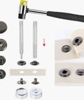 All-in-One Pro Grade 12.5mm Heavy Duty Snap Fasteners Kit With 304 Stainless Steel Button Snaps, 486 Pieces, shown with tools and snaps