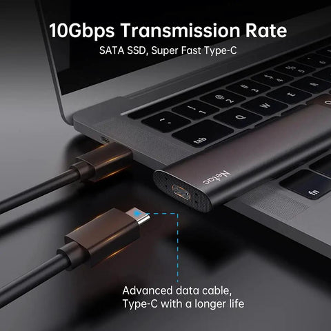 250GB Portable SSD USB 3.2 Gen 2 Type-C connected to laptop, slim aluminum design, showing ultra fast read 500 MB/s and write 450 MB/s