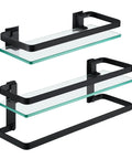 Tempered Glass Floating Bathroom Shelf With Bar, Rectangular Wall Mounted Aluminum Rustproof Black Finish, sleek design