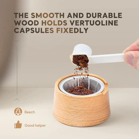 Wood holder with scoop pouring coffee into Vertuo capsule, part of Reusable Silicone Seal Kit For Nespresso VertuoLine Pods Convert Disposable Capsules Into Reusable, Complete Seal Kit With Extra Silicone Seal, Eco Friendly Coffee Accessory To Save Cash And Cut Waste.
