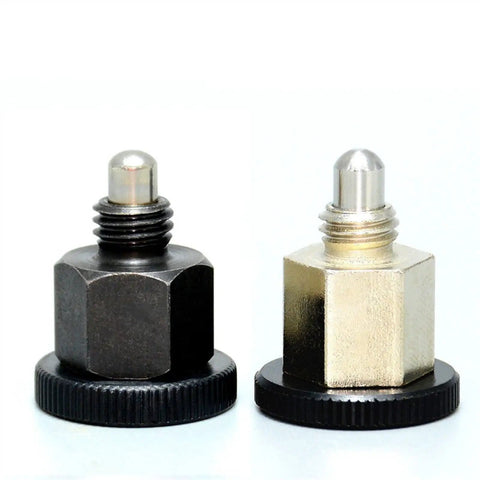 Top Notch Indexing Plunger With Reliable Locating Pin For The Shop Floor M6 Threaded Hardware No Locking Nut Needed Straight Shooter Design Rock Solid Heavy Duty Rig Fix, side view of two plunger variants.