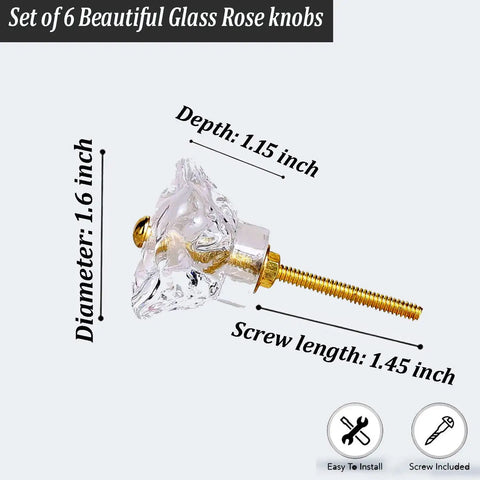 Set Of 6 Crystal Flower Cabinet Knobs In Daisy White, Glass Drawer Pulls side view with screw dimensions