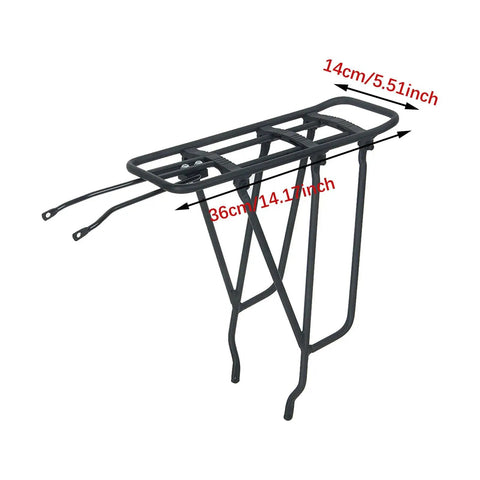 Rear Bike Rack Cargo Carrier For Most Bikes 75 Kg Load Capacity Aluminum Iron Frame, dimensions shown in image.