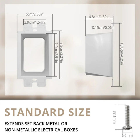 1 Gang Electrical Box Extender Kit Non Metallic BE1 6 Pack With 12 Phillips Screws, standard size dimensions shown