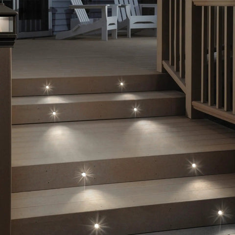 Low Voltage Outdoor Deck Lights Kit In Stainless Steel 1W Pathway And Landscape Lamps illuminating patio steps at night