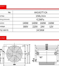 Technical diagram and specifications for Beefy Industrial Blower Fan For Air Cooler And Hydraulic Cooling System 24V DC.
