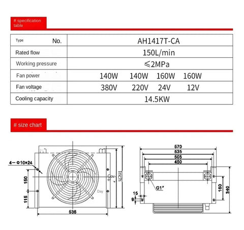 Technical diagram and specifications for Beefy Industrial Blower Fan For Air Cooler And Hydraulic Cooling System 24V DC.