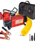 Heavy Duty 12V Car Air Compressor Pump with yellow hose, gauge, and black carry bag for emergency tire inflation.