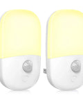 Plug In Motion Sensor Night Light Two Pack With Dusk To Dawn, Dimmable Soft Warm White LEDs, 3 Brightness Levels