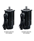 Front view of two black servo motors with brakes, 80ST and 90ST models, with power cables.