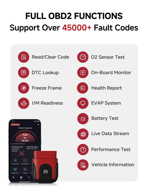 AI Powered OBD2 Scanner Bluetooth For iOS And Android, Real Time Data And Freeze Frame Insights, Check Engine Codes And Clear Them, 45000 Fault Codes, AutoVIN, No Subscription Fee, Slick Car Health Reports shown with app interface