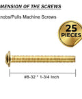 Hella Durable 25 Pack Eight Thirty Two By One Point Seven Five Truss Head Machine Screws Premium Brass Plated Steel showing dimensions.