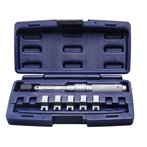 Spoke Torque Wrench Kit Adjustable 30 To 150 In-Lb With Five Drop-Forged Heads For Spoke Nipples 6.1 6.3 6.6 6.8 6.9 mm Built-In Torque Click In A Compact Carry Case Pro Grade in blue case