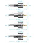Heavy Duty TCT Hole Saw Kit 7 Piece Set With Tungsten Carbide Tips For Stainless Steel Hard Metals Wood And Plastic Includes Extra Pilot Bits For Quick Clean Holes DIY Friendly Pro Grade, showing hole saws from 3/4 to 1-1/8 inches with dimensions.