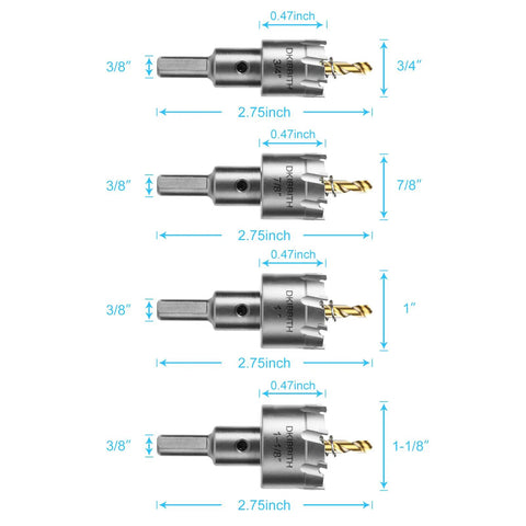 Heavy Duty TCT Hole Saw Kit 7 Piece Set With Tungsten Carbide Tips For Stainless Steel Hard Metals Wood And Plastic Includes Extra Pilot Bits For Quick Clean Holes DIY Friendly Pro Grade, showing hole saws from 3/4 to 1-1/8 inches with dimensions.