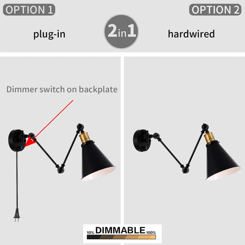 Two Light Dimmable Industrial Wall Sconce With On Off Switch Edison Vintage Style Swing Arm Lamp Bronze Head And Black Lampshade Plug In Or Hardwired options