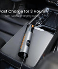 Heavy Duty Cordless Car Vacuum With 16000Pa Kickass Suction And HEPA Filter Handheld Detailer With Led Display Plus Dual Vacuum Blower Modes For Slick Auto Whip Cleanup on car console with type-c charging cable.