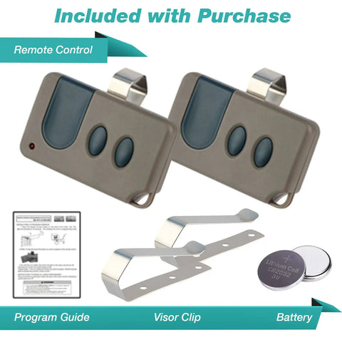 Two Channel Garage Door Remote For Up To Three Doors Works With Red Learn Button Only Replacement For Models 53680 13953680 13953681 Easy To Pair Plug And Play Setup For Quick And Reliable Multi Door Control, showing remotes, visor clips, battery, and program guide.