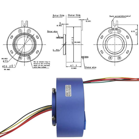 Beefy Through Hole Slip Ring 6 Wire 6 Channel Conductive Rotary Connector 10A 220VAC DC 50mm Hole 50 RPM AWG16 Silver Plated