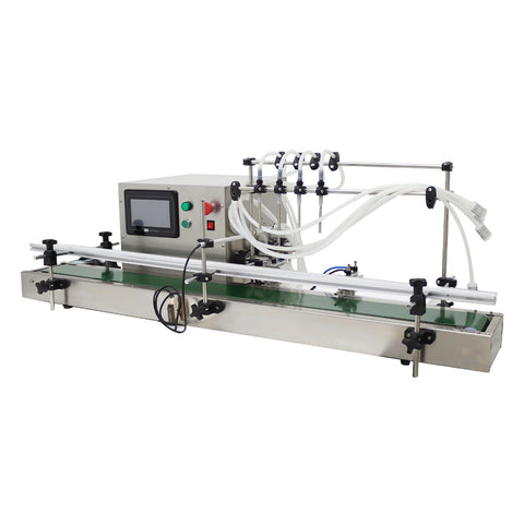 Zero Fuss Automatic Desktop 4 Head Liquid Filling Machine With Digital Controls And Rock Solid Stainless Steel Frame For Slick Dosing Of Drinks Beauty Products And Syrups 110V on a clean surface with control panel.