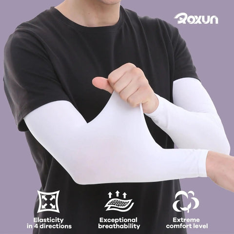 Cooling Arm Sleeves With UPF Fifty Plus Sun Protection For Men And Women Seamless Sport Compression being stretched