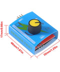 Compact blue microcontroller module with black knob, labeled dimensions; 46mm x 32mm x 17mm.