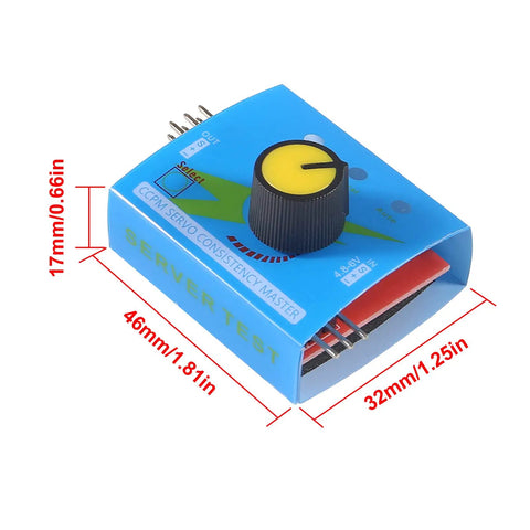 Compact blue microcontroller module with black knob, labeled dimensions; 46mm x 32mm x 17mm.