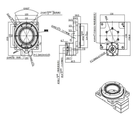 Premium Hollow Rotary Actuator Table technical drawing showing dimensions and design for continuous rotation and stability.