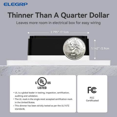Slick Touch Dimmer Switch For Led And Halogen Lighting Single Pole And Three Way Setup Requires Neutral Wire Ul Certified Includes Wall Plate No Sweat Wiring Buttery Smooth Brightness Glide Matte White Finish with a quarter for size reference.