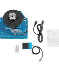 Heavy Duty Rotary Welding Positioner Turntable on a blue base, includes foot pedal, power cable, and manual for metalwork tasks.