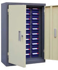 Built Tough 30 Drawer Storage Cabinet With Rock Solid Frame And Slick Labeled Compartments For Hardware Setup open doors showcasing labeled compartments.