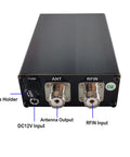 Rear view of automatic antenna tuner for ham radio with fast auto-tune across 1.8 to 55 MHz, showing ANT and RFIN connectors.