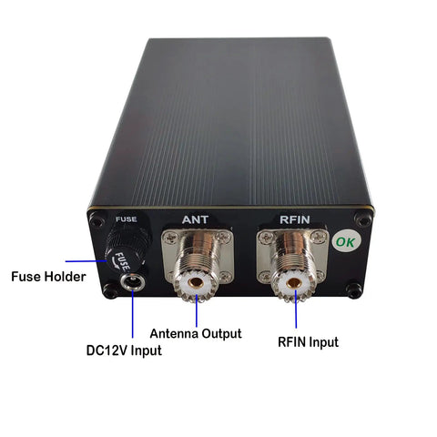 Rear view of automatic antenna tuner for ham radio with fast auto-tune across 1.8 to 55 MHz, showing ANT and RFIN connectors.