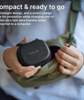 Person holding Wireless Pro Compact Wireless Microphone System With Timecode And 32 Bit Float Onboard Recording smart charge case.