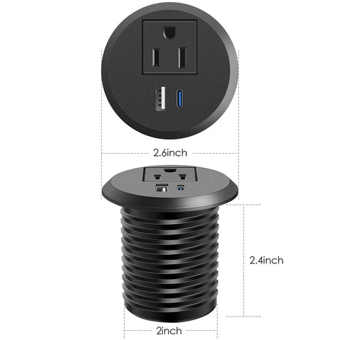 Recessed Desk Power Grommet With 20W Usb C Pd Fast Charging, 2.6 inch round, black, features AC socket and USB ports.