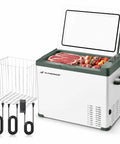 Hella Spacious 47 Qt Portable Car Refrigerator With Tough 12 Volt Cooling displaying open lid with food items inside.