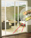 Adjustable Tandem Roller Assembly For Sliding Patio Doors One And A Quarter Inch Steel Ball Bearing Wheel Replacement Two Pack For PVC And Wood Doors Compatible With Andersen PGT Window World Lowes And Other Major Brands Providing Smooth Quiet Operation, shown installed on a patio door.