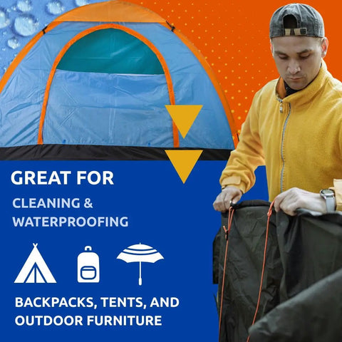 Person with yellow jacket setting up gear with text emphasizing cleaning and waterproofing for backpacks, tents, and furniture