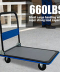 Heavy Duty Workhorse Folding Platform Truck With 660 Lb Capacity, Flatbed Hand Truck On 360 Degree Swivel TPR Silent Wheels, Non Slip Utility Dolly For Moving Boxes In Warehouse Garage And Office, Durable Steel Frame Blue, blue folding platform truck with 660 lb capacity