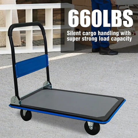 Heavy Duty Workhorse Folding Platform Truck With 660 Lb Capacity, Flatbed Hand Truck On 360 Degree Swivel TPR Silent Wheels, Non Slip Utility Dolly For Moving Boxes In Warehouse Garage And Office, Durable Steel Frame Blue, blue folding platform truck with 660 lb capacity